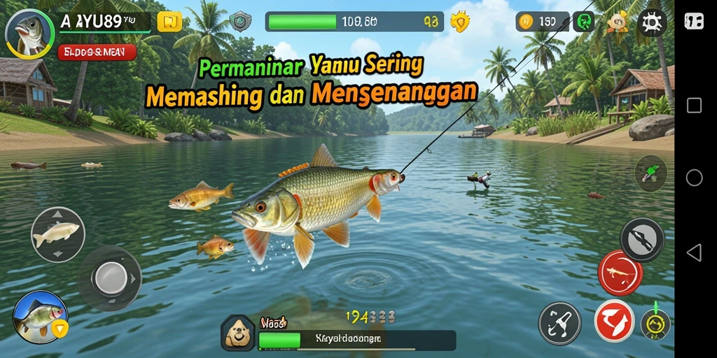 Screenshot gameplay AYU89 dengan aksi memancing yang menyenangkan.