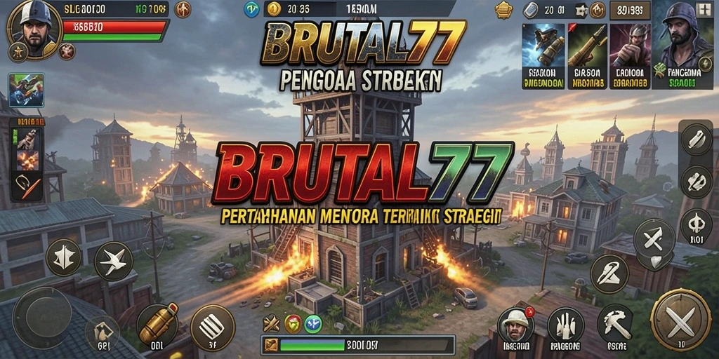 Gameplay inti Tower Defense BRUTAL77 dengan menara dan musuh yang menarik.
