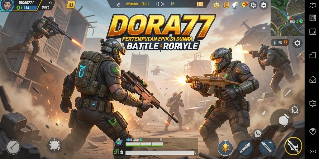 Tangkapan layar DORA77 menunjukkan aksi intens Battle Royale yang mendebarkan.