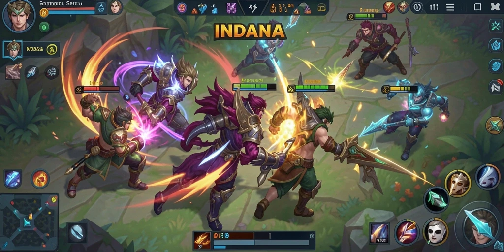 Tampilan gameplay MOBA yang intens dan mengasyikkan dalam INDAAA.