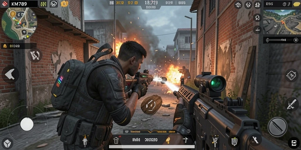 Tangkapan layar menunjukkan aksi intens di dalam game FPS KM789.