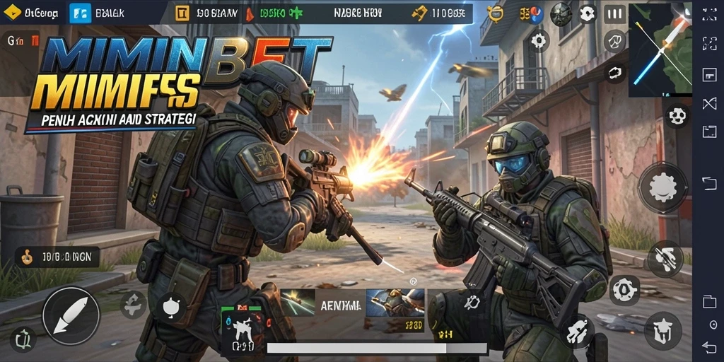 Screenshot MIMINBET menampilkan pertempuran intens di medan FPS.