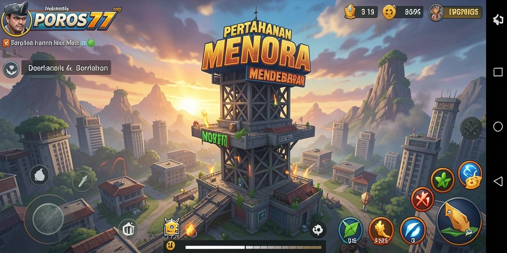 Tampilan gameplay POROS77 dengan menara yang berperang melawan gelombang musuh.