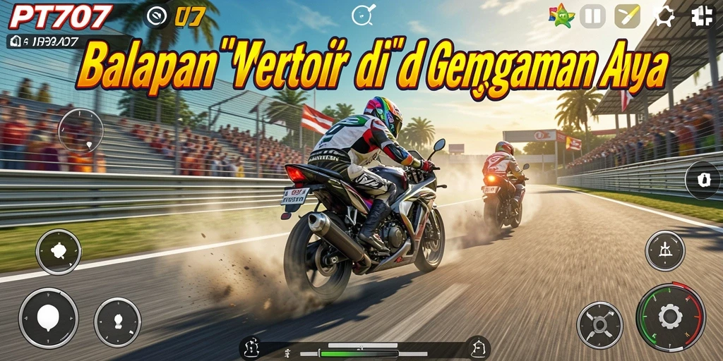 Screenshot permainan PT707 dengan aksi balapan motor yang mendebarkan.